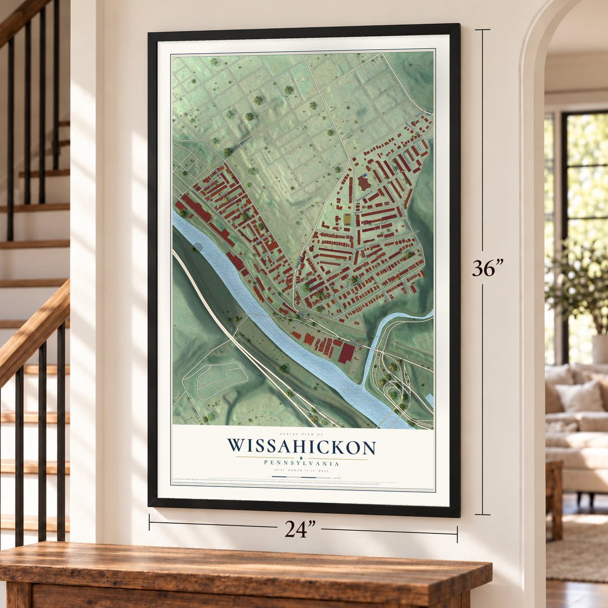 Wissahickon, Pennsylvania map, 24 x 36 inch print in a black frame by a staircase