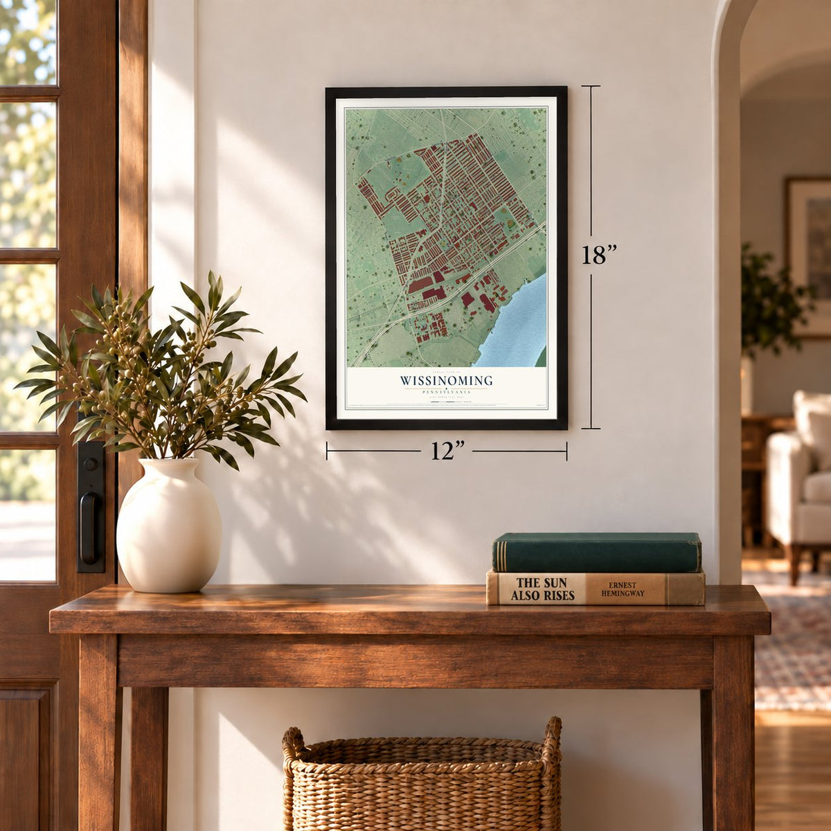 Wissinoming, Pennsylvania map, 12 x 18 inch print in a black frame in an entryway
