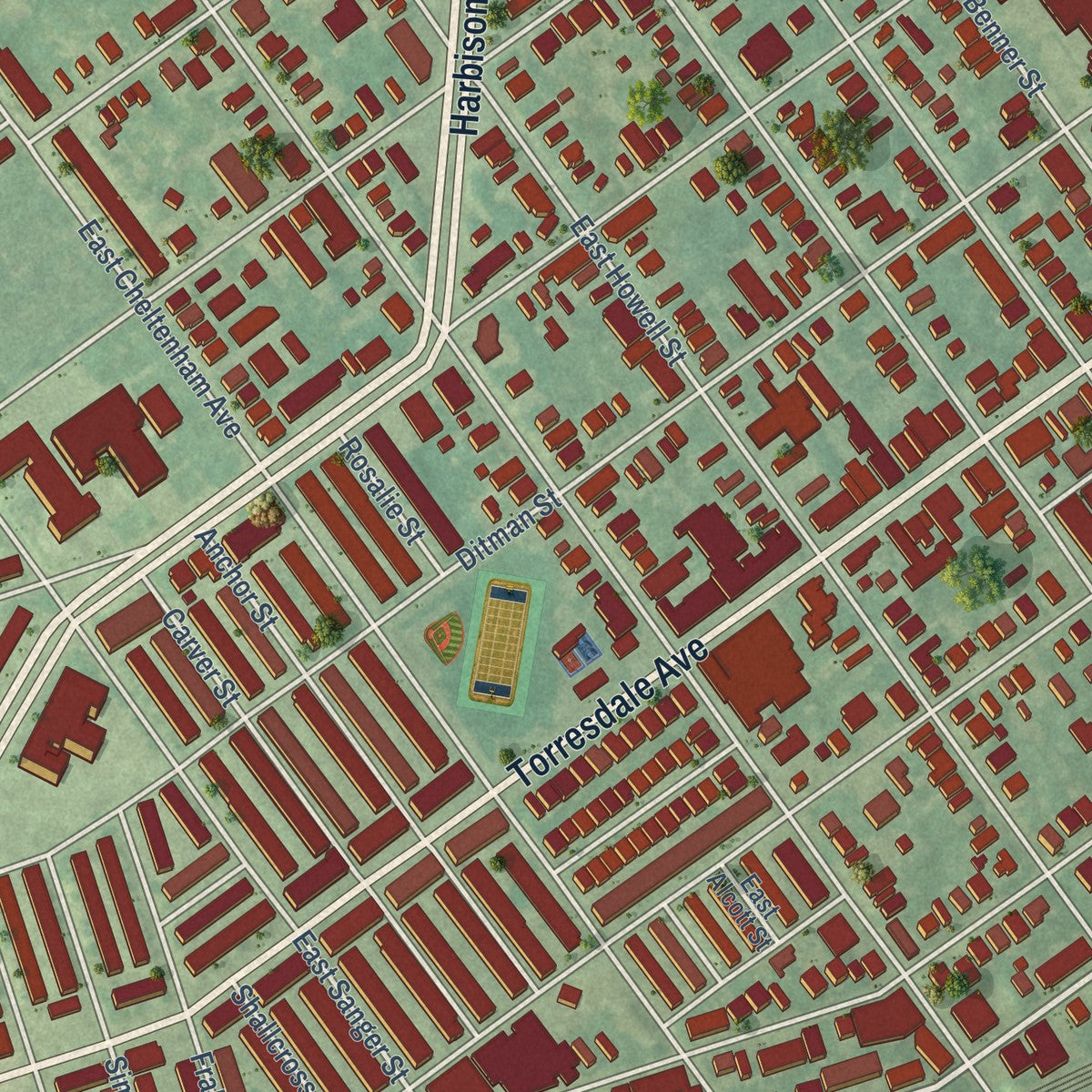 Close-up of the map of Wissinoming, Pennsylvania print showing street and building detail