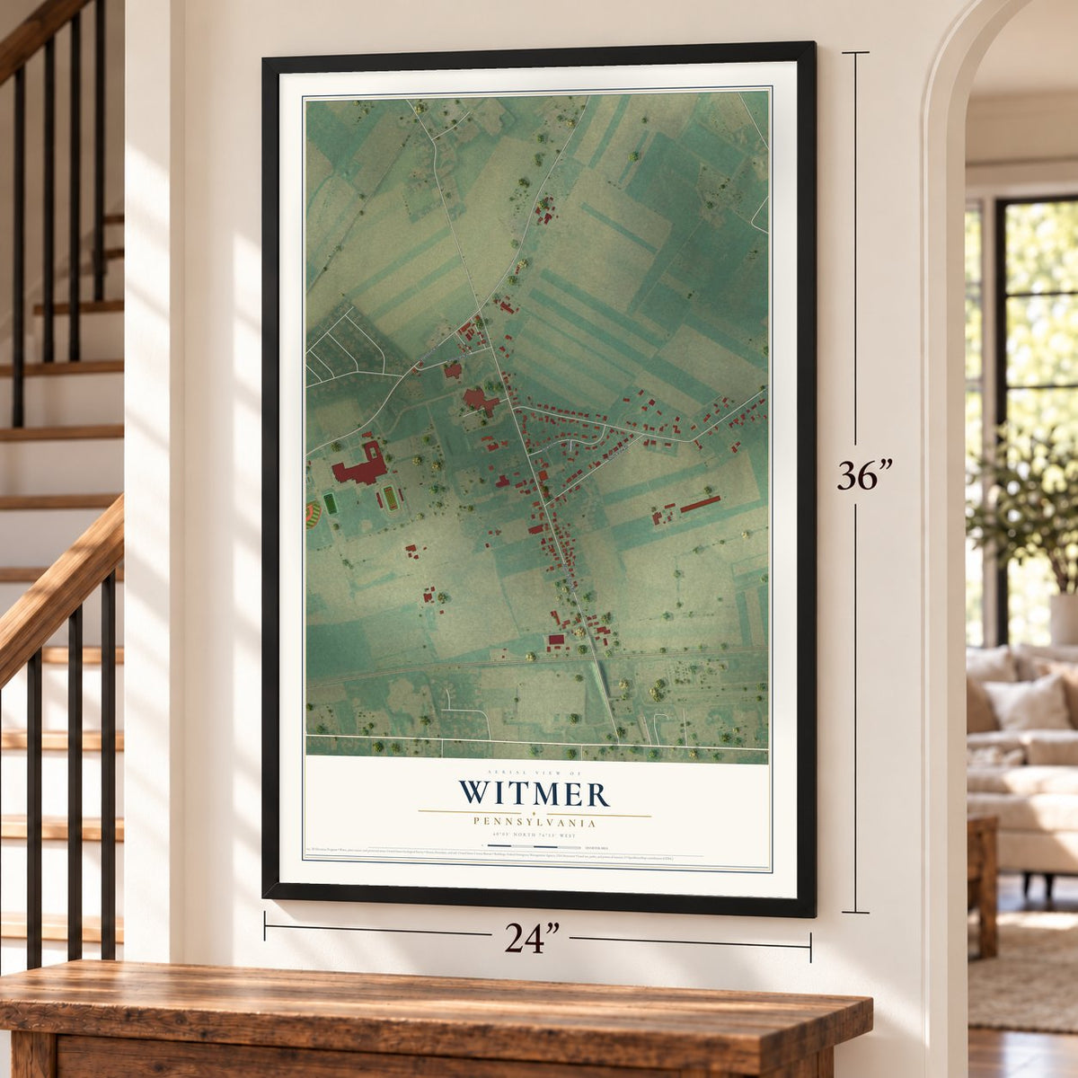 Witmer, Pennsylvania map, 24 x 36 inch print in a black frame by a staircase