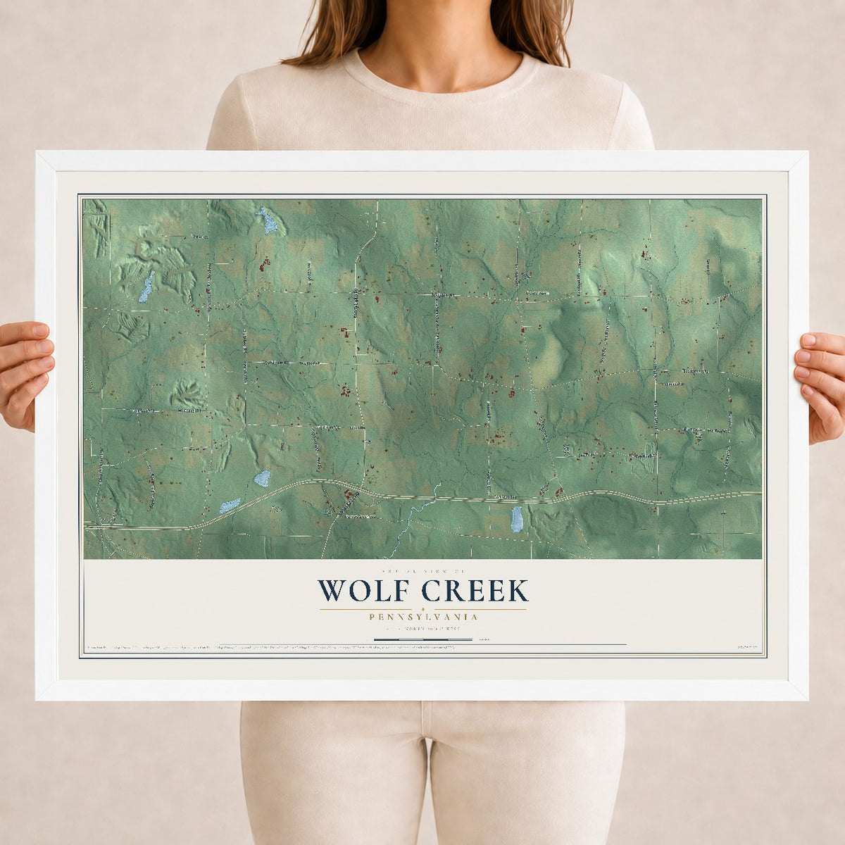 Map of Wolf Creek, Pennsylvania, 18 x 24 inch print in a white wood frame