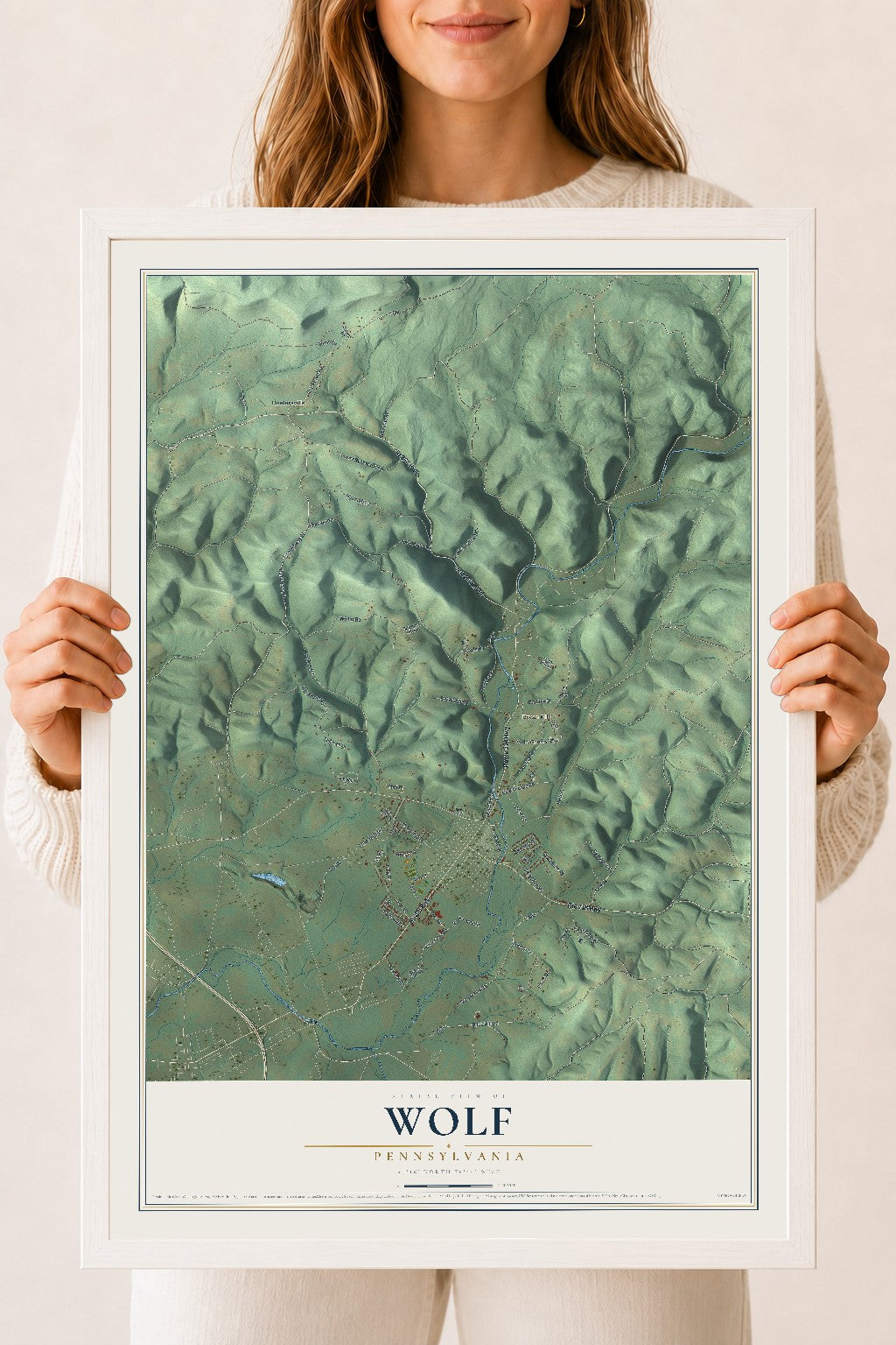 Map of Wolf, Pennsylvania, 18 x 24 inch print in a white wood frame