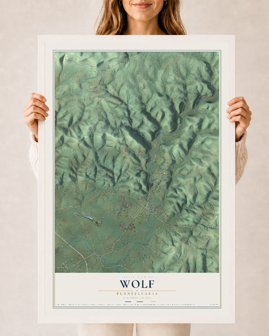 Map of Wolf, Pennsylvania, 24 x 36 inch print in a white wood frame