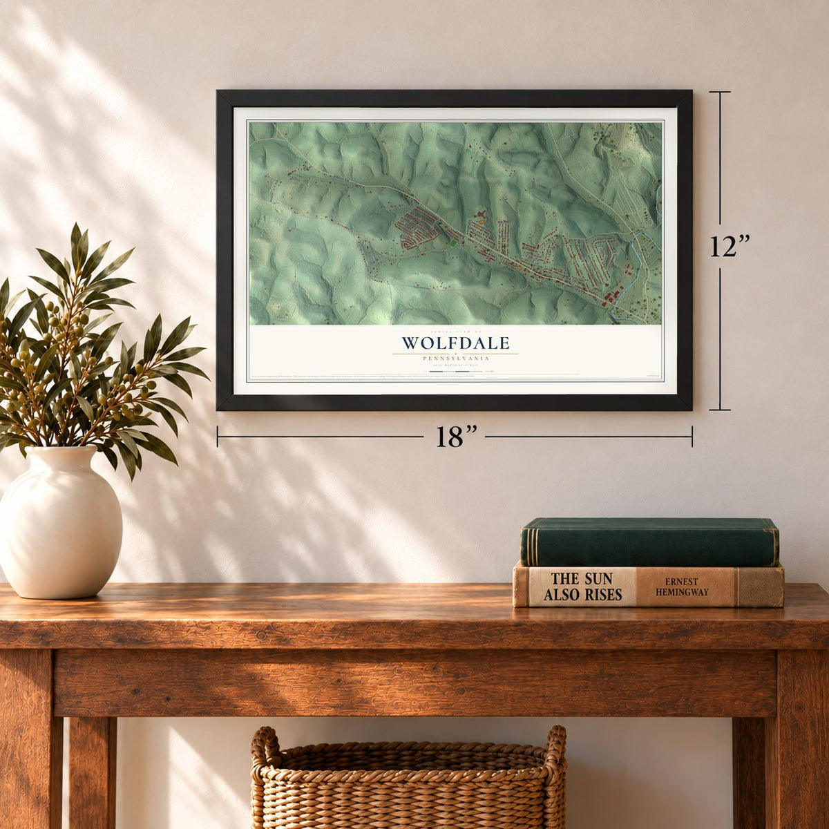 Wolfdale, Pennsylvania map, 12 x 18 inch print in a black frame in an entryway