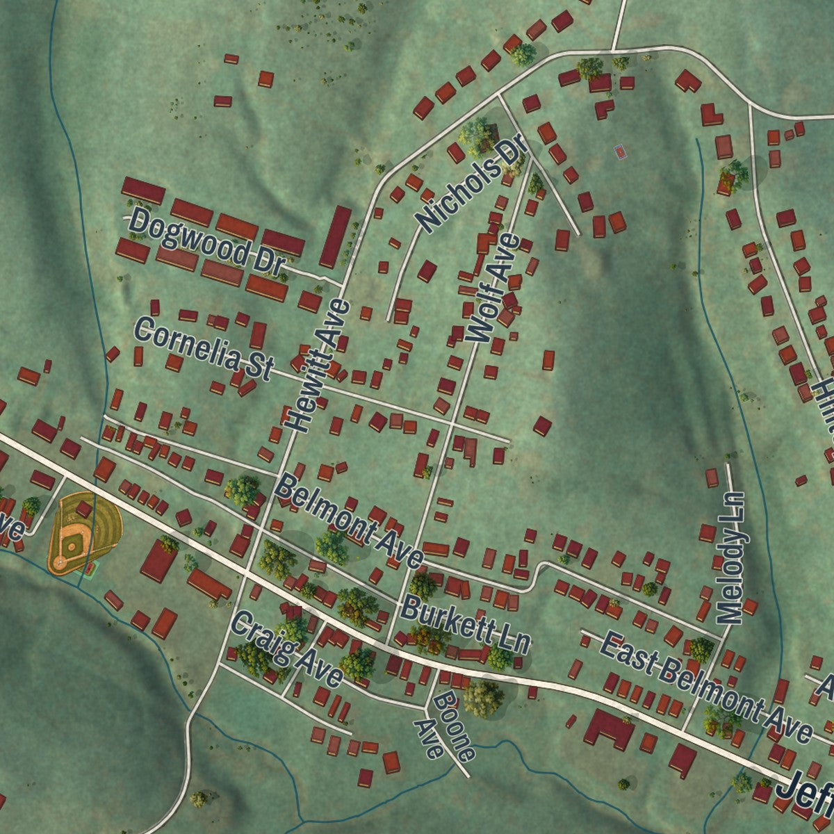Close-up of the map of Wolfdale, Pennsylvania print showing street and building detail