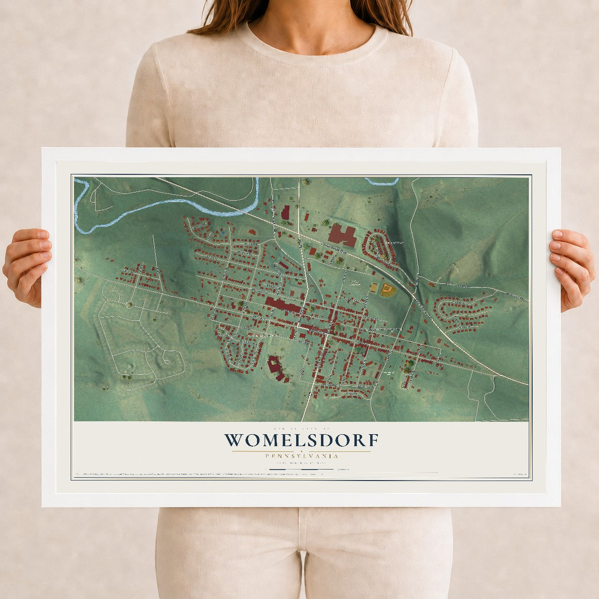 Map of Womelsdorf, Pennsylvania, 12 x 18 inch print in a white wood frame