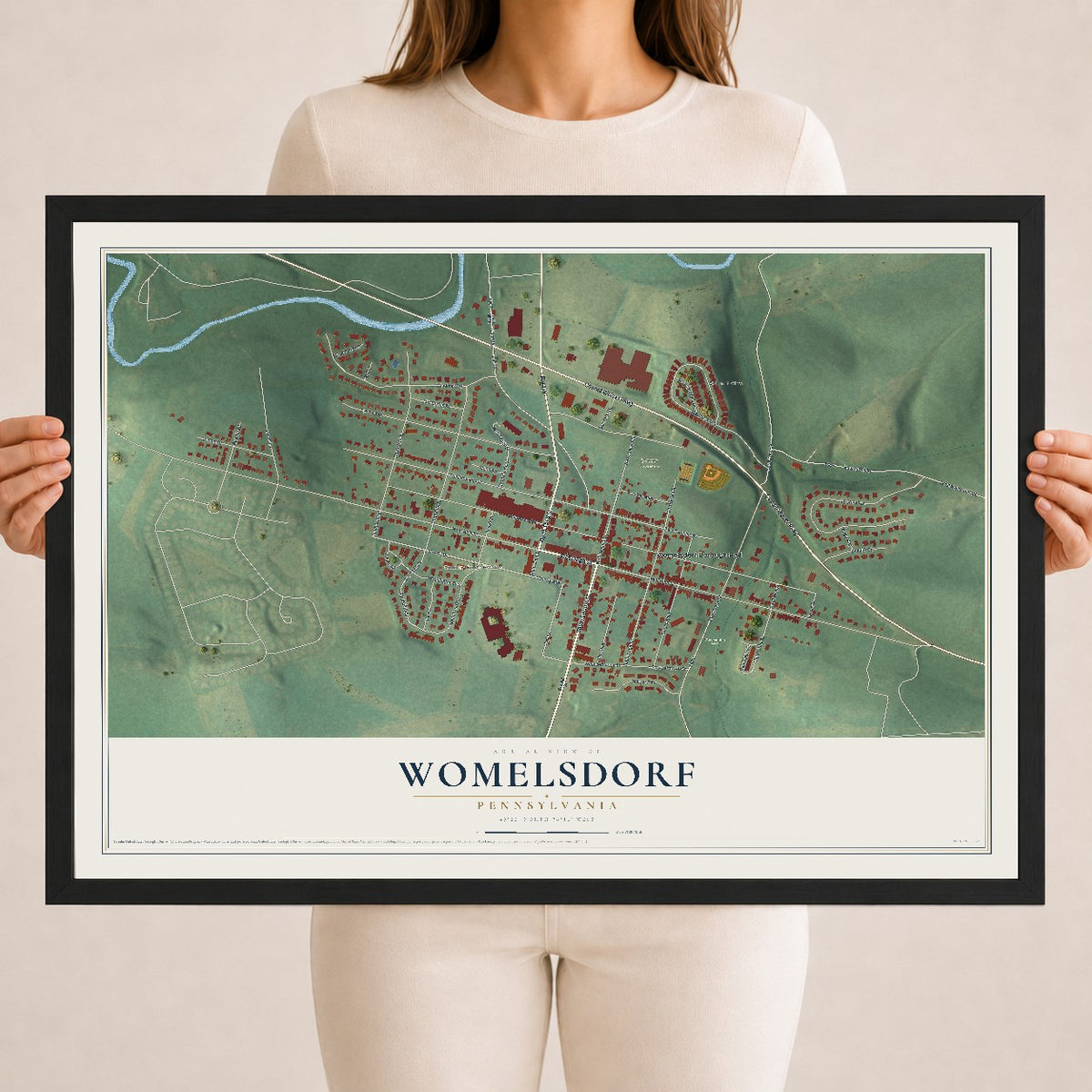 Map of Womelsdorf, Pennsylvania, 18 x 24 inch print in a black wood frame