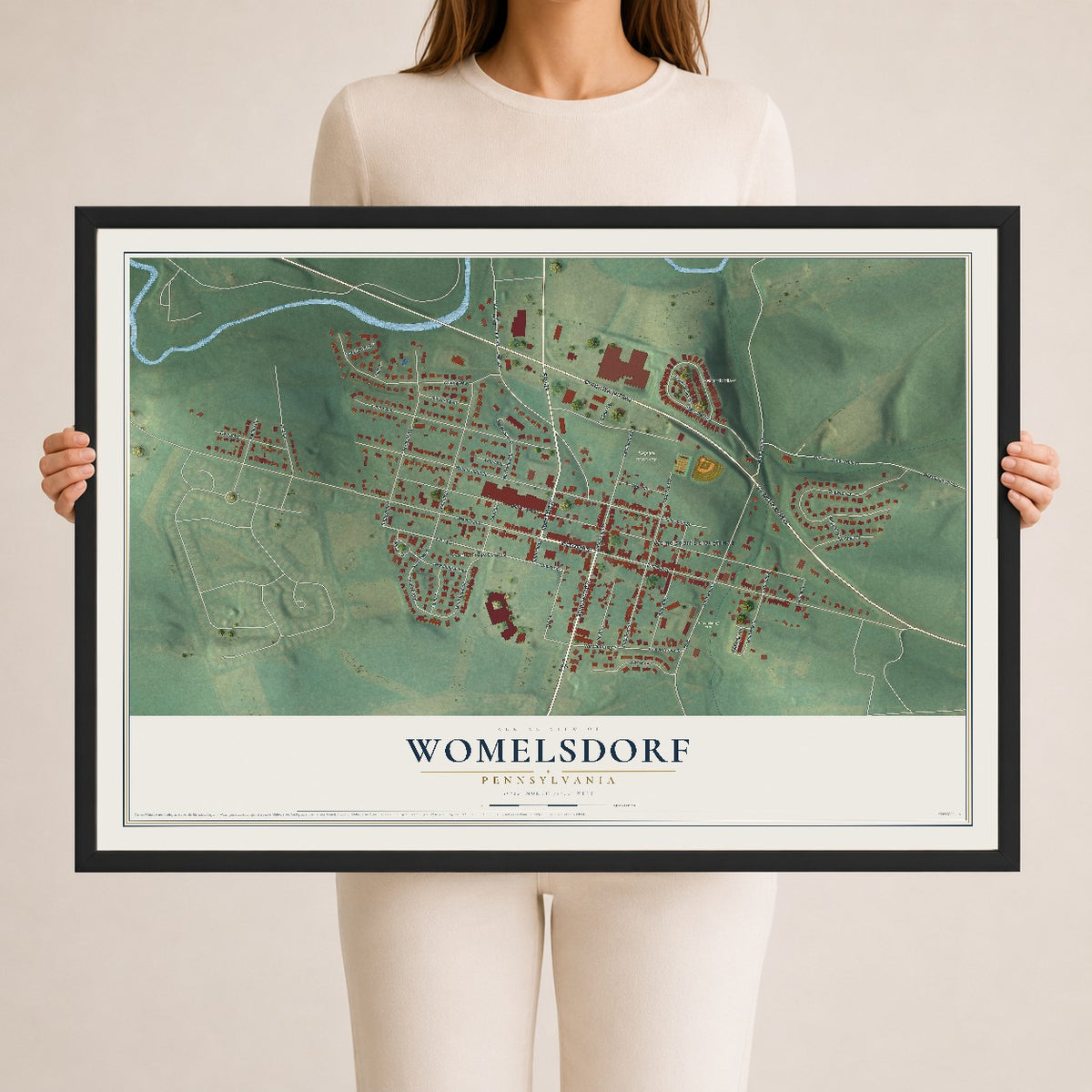 Map of Womelsdorf, Pennsylvania, 24 x 36 inch print in a black wood frame
