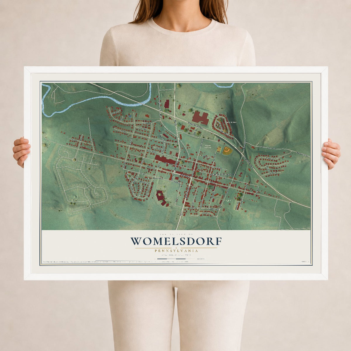 Map of Womelsdorf, Pennsylvania, 24 x 36 inch print in a white wood frame