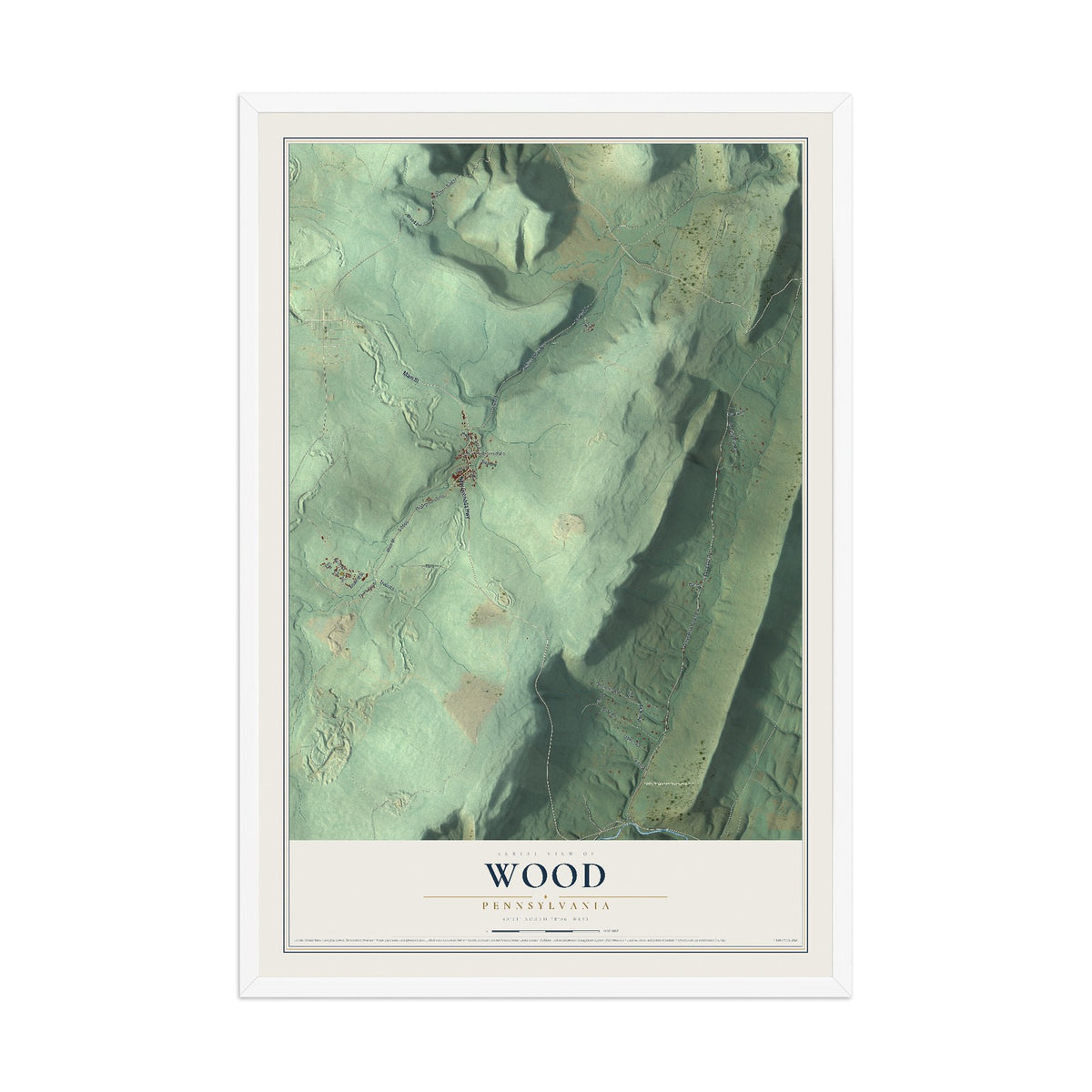 Map of Wood, Pennsylvania, 12 x 18 inch print in a white wood frame