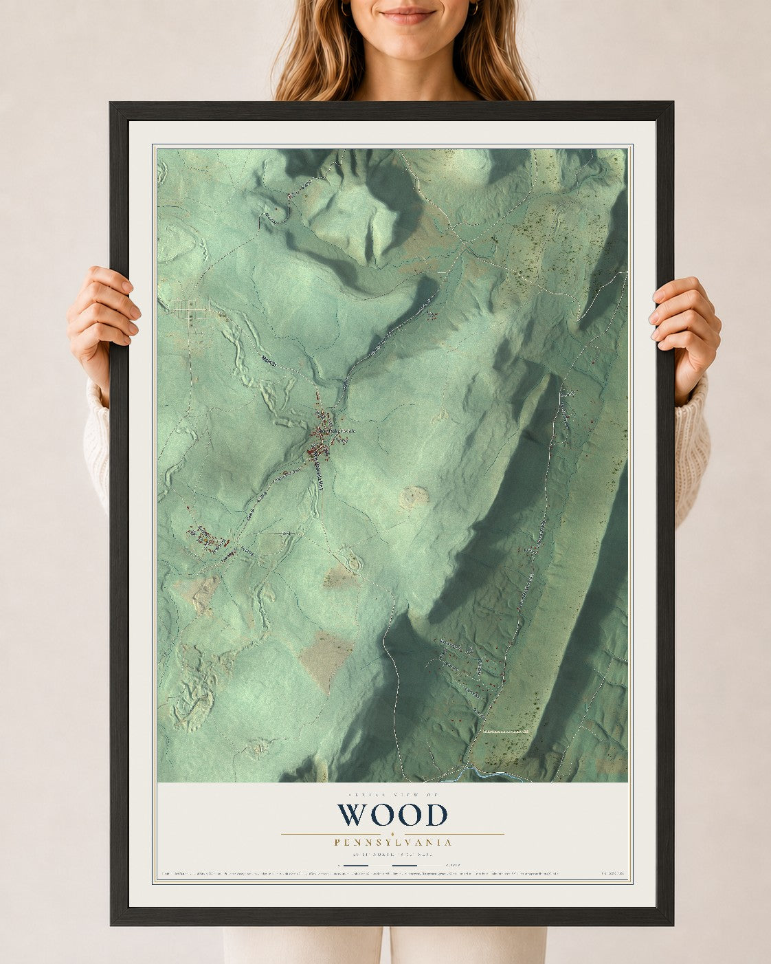 Map of Wood, Pennsylvania, 24 x 36 inch print in a black wood frame