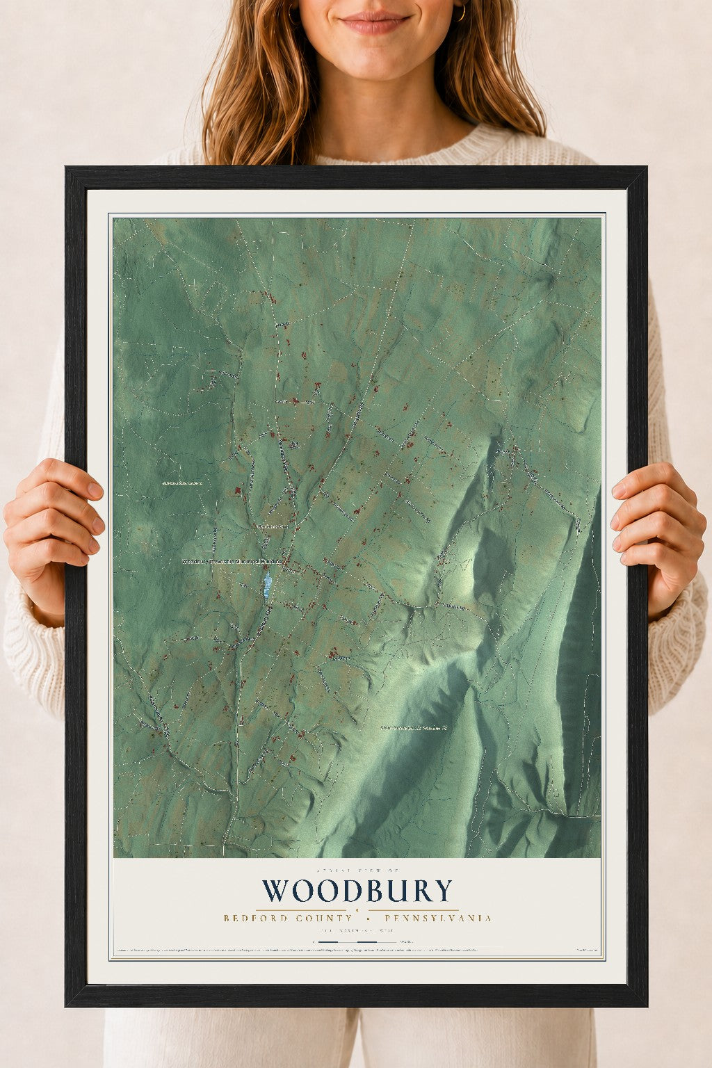 Map of Woodbury, Bedford County, Pennsylvania, 18 x 24 inch print in a black wood frame