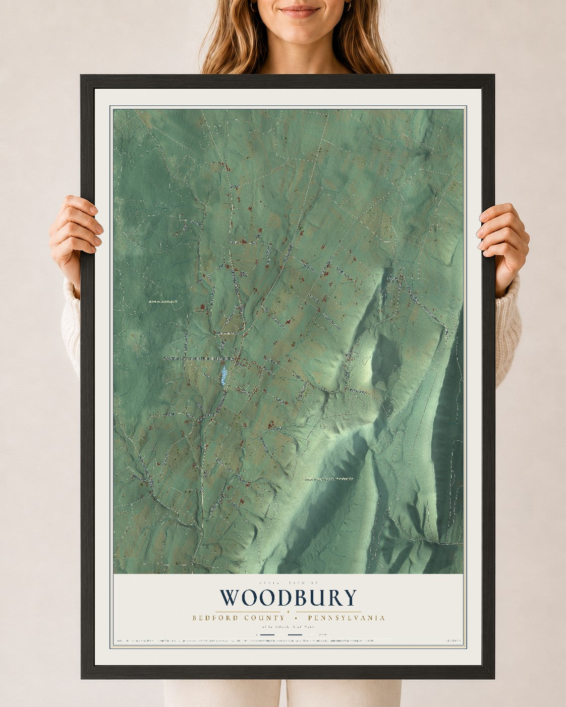 Map of Woodbury, Bedford County, Pennsylvania, 24 x 36 inch print in a black wood frame