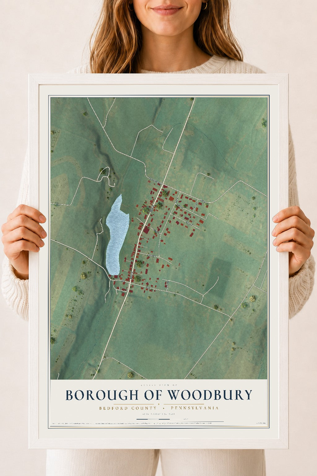 Map of the Borough of Woodbury, Bedford County, Pennsylvania, 18 x 24 inch print in a white wood frame