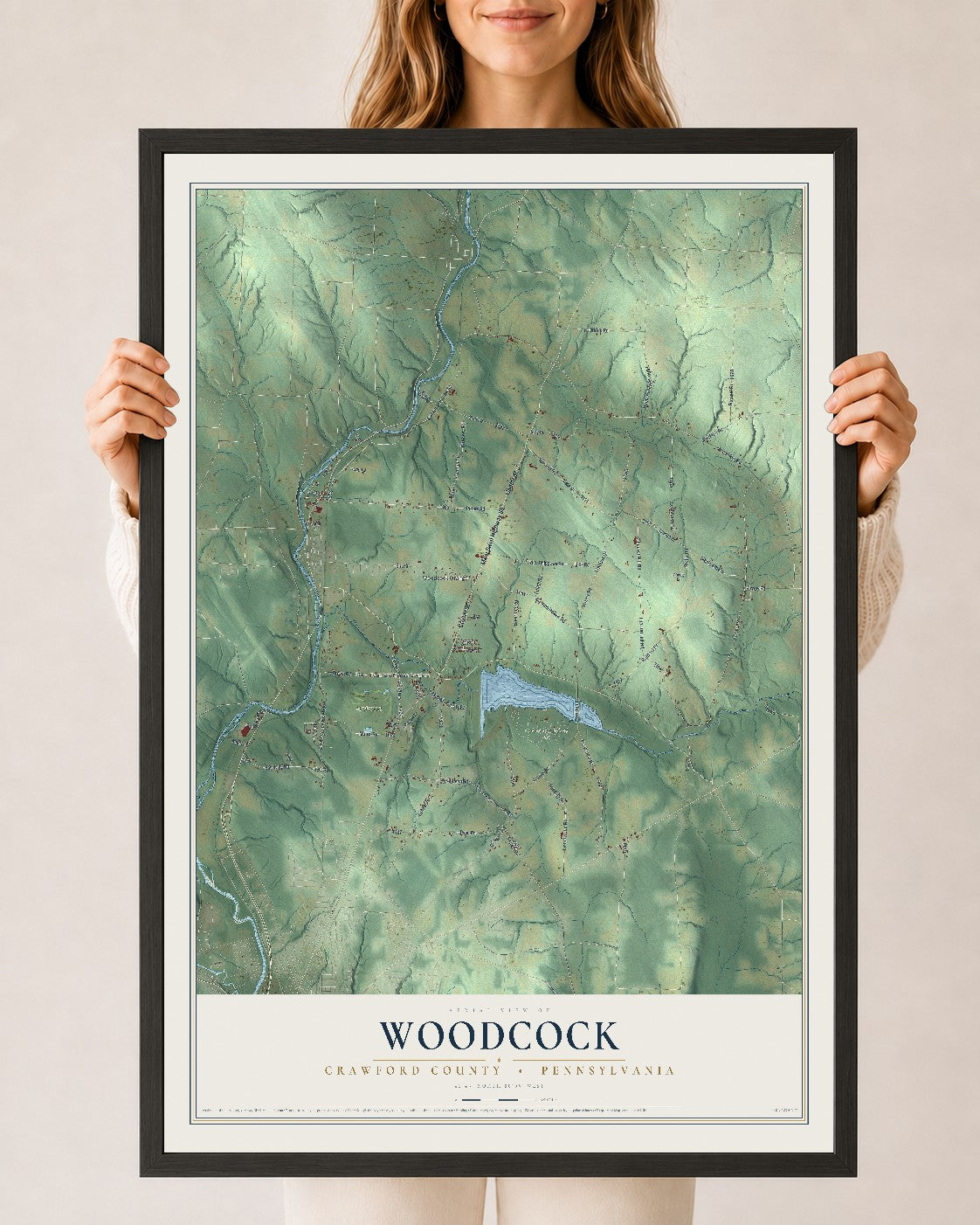Map of Woodcock, Crawford County, Pennsylvania, 24 x 36 inch print in a black wood frame