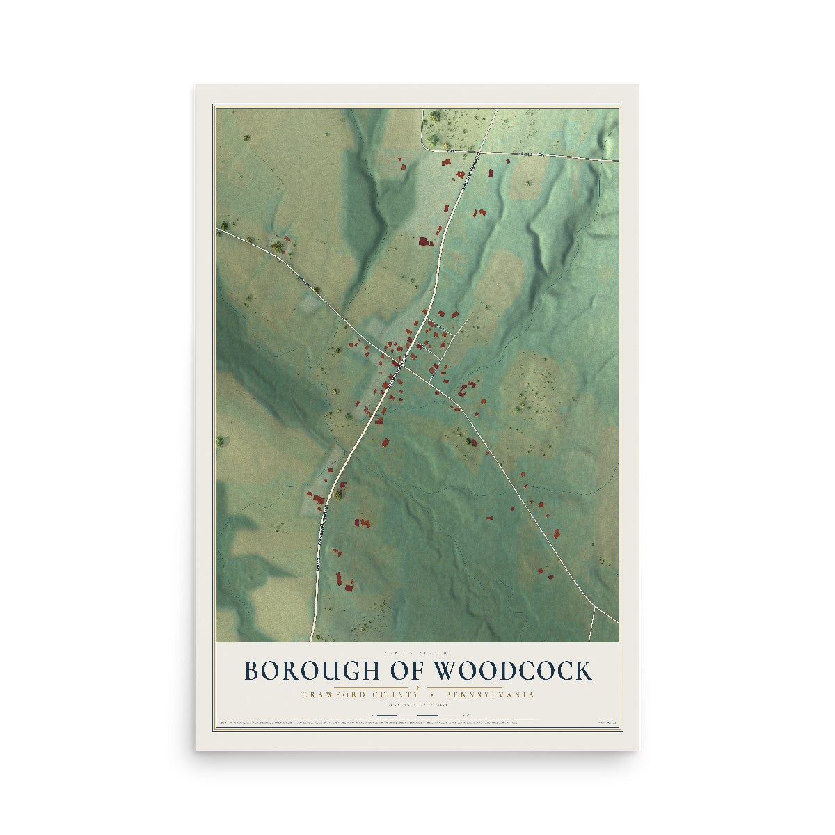 Map of the Borough of Woodcock, Crawford County, Pennsylvania, 12 x 18 inch unframed archival matte print