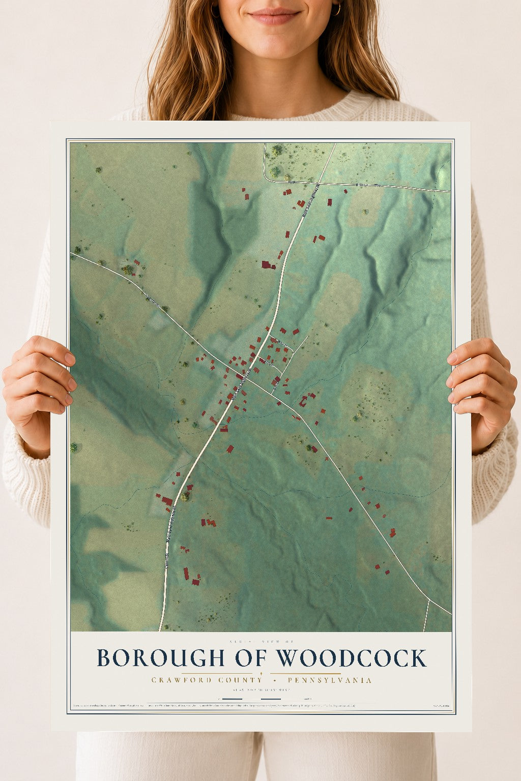 Map of the Borough of Woodcock, Crawford County, Pennsylvania, 18 x 24 inch unframed archival matte print