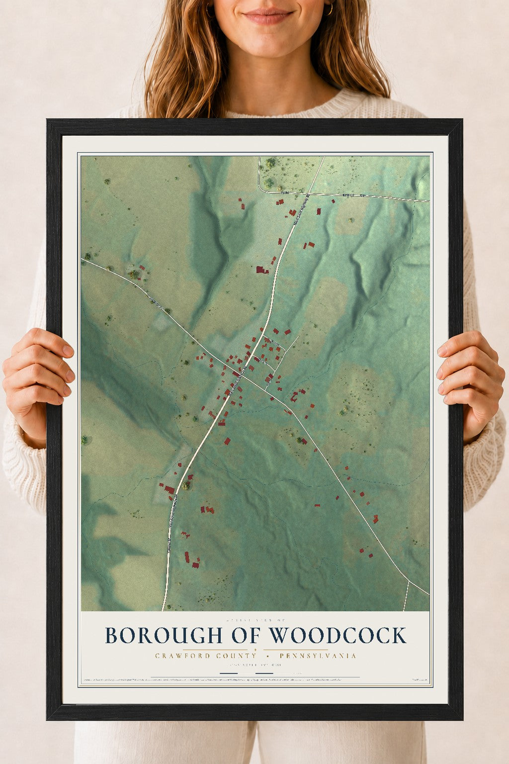 Map of the Borough of Woodcock, Crawford County, Pennsylvania, 18 x 24 inch print in a black wood frame