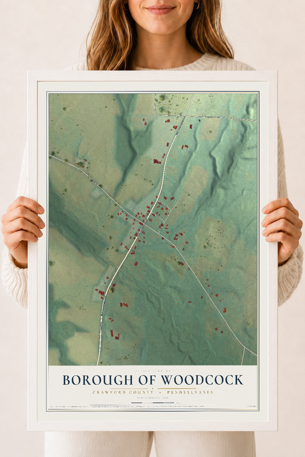 Map of the Borough of Woodcock, Crawford County, Pennsylvania, 18 x 24 inch print in a white wood frame