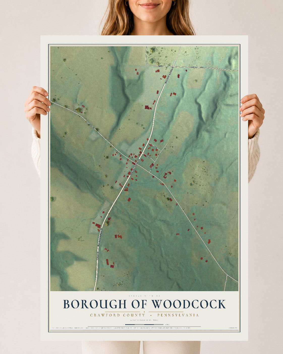 Map of the Borough of Woodcock, Crawford County, Pennsylvania, 24 x 36 inch unframed archival matte print