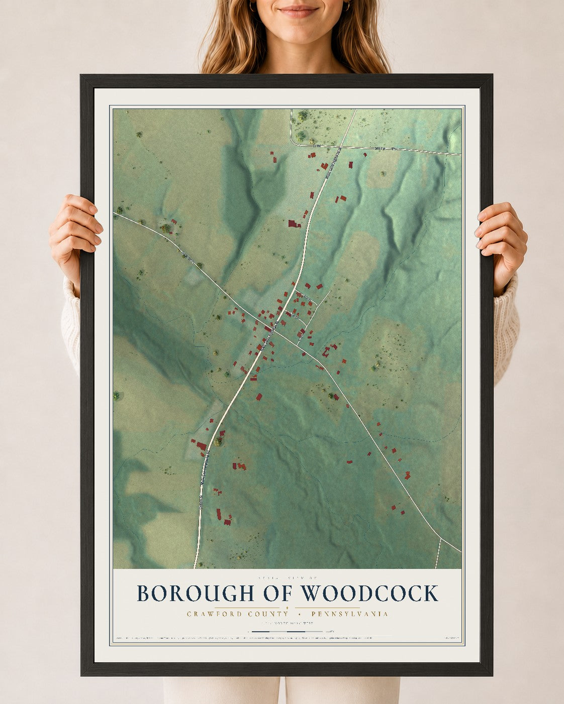 Map of the Borough of Woodcock, Crawford County, Pennsylvania, 24 x 36 inch print in a black wood frame