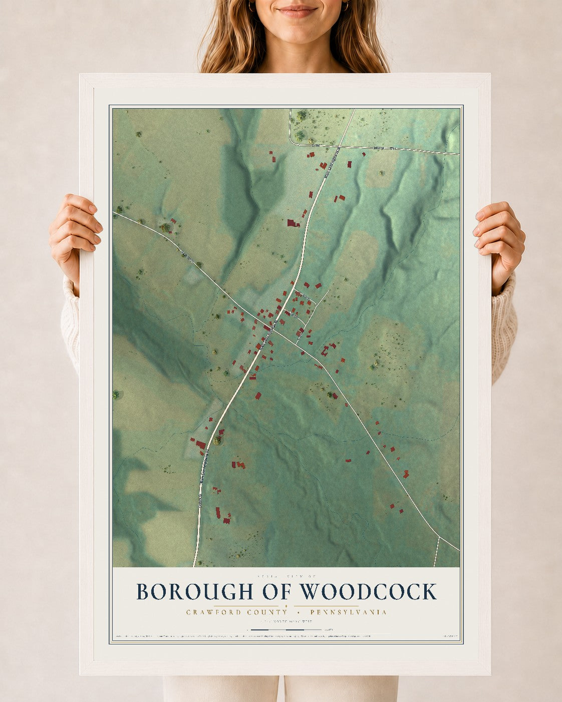 Map of the Borough of Woodcock, Crawford County, Pennsylvania, 24 x 36 inch print in a white wood frame