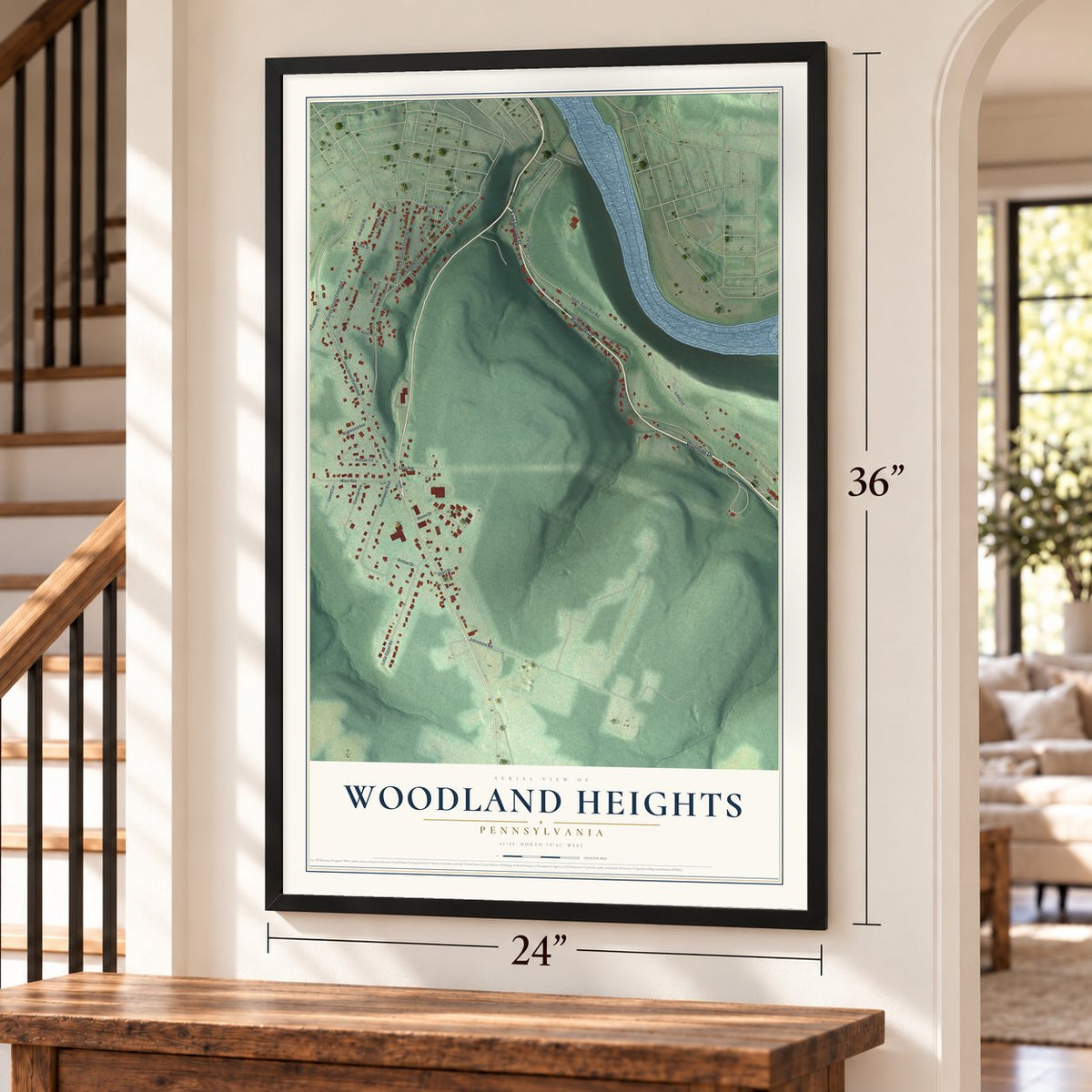 Woodland Heights, Pennsylvania map, 24 x 36 inch print in a black frame by a staircase