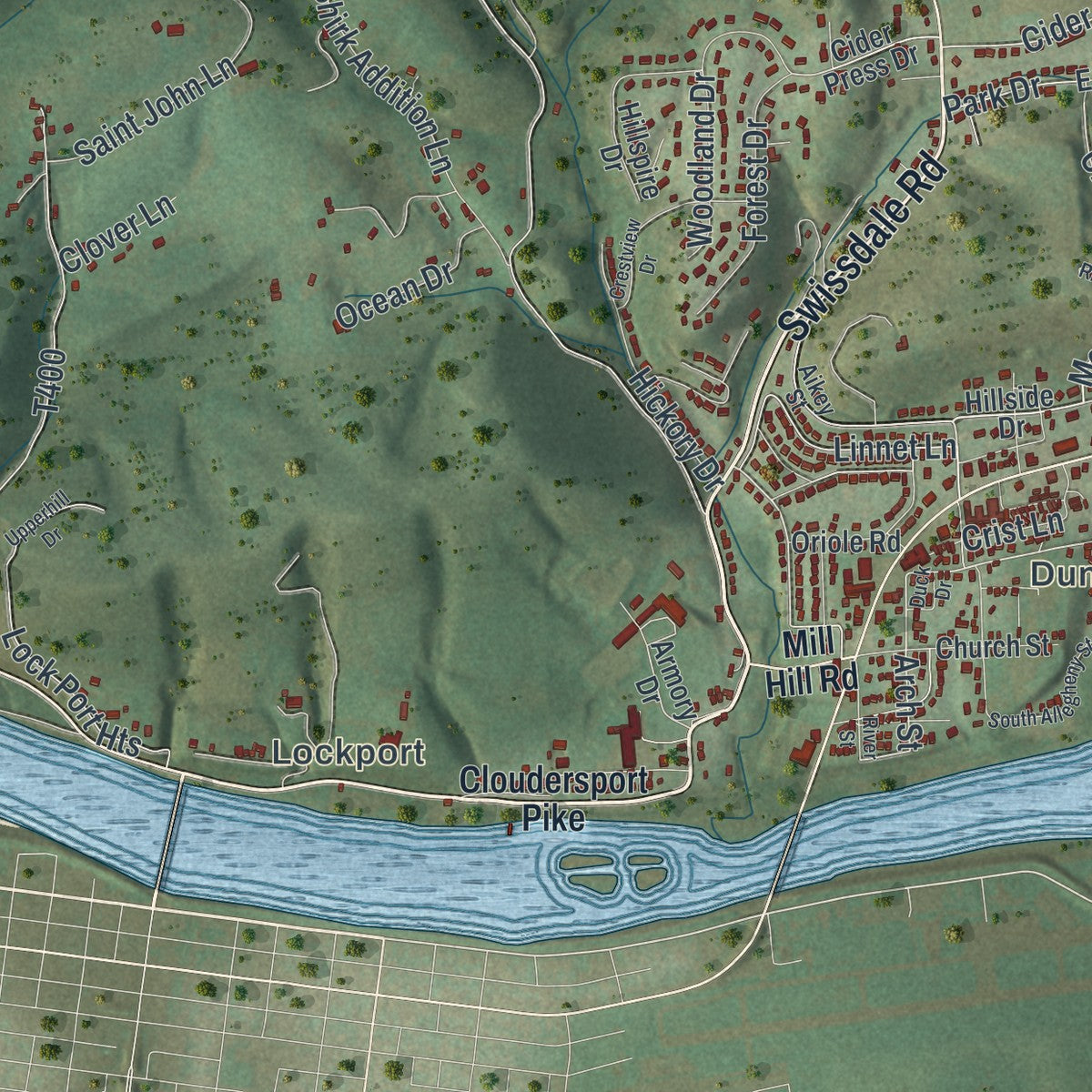 Close-up of the map of Woodward, Clinton County, Pennsylvania print showing street and building detail