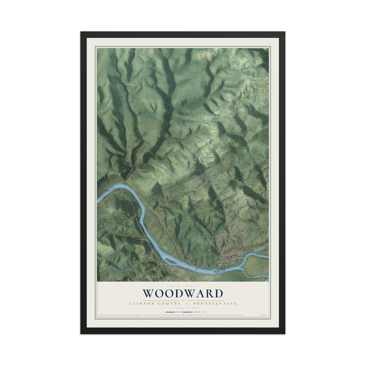Map of Woodward, Clinton County, Pennsylvania, 12 x 18 inch print in a black wood frame