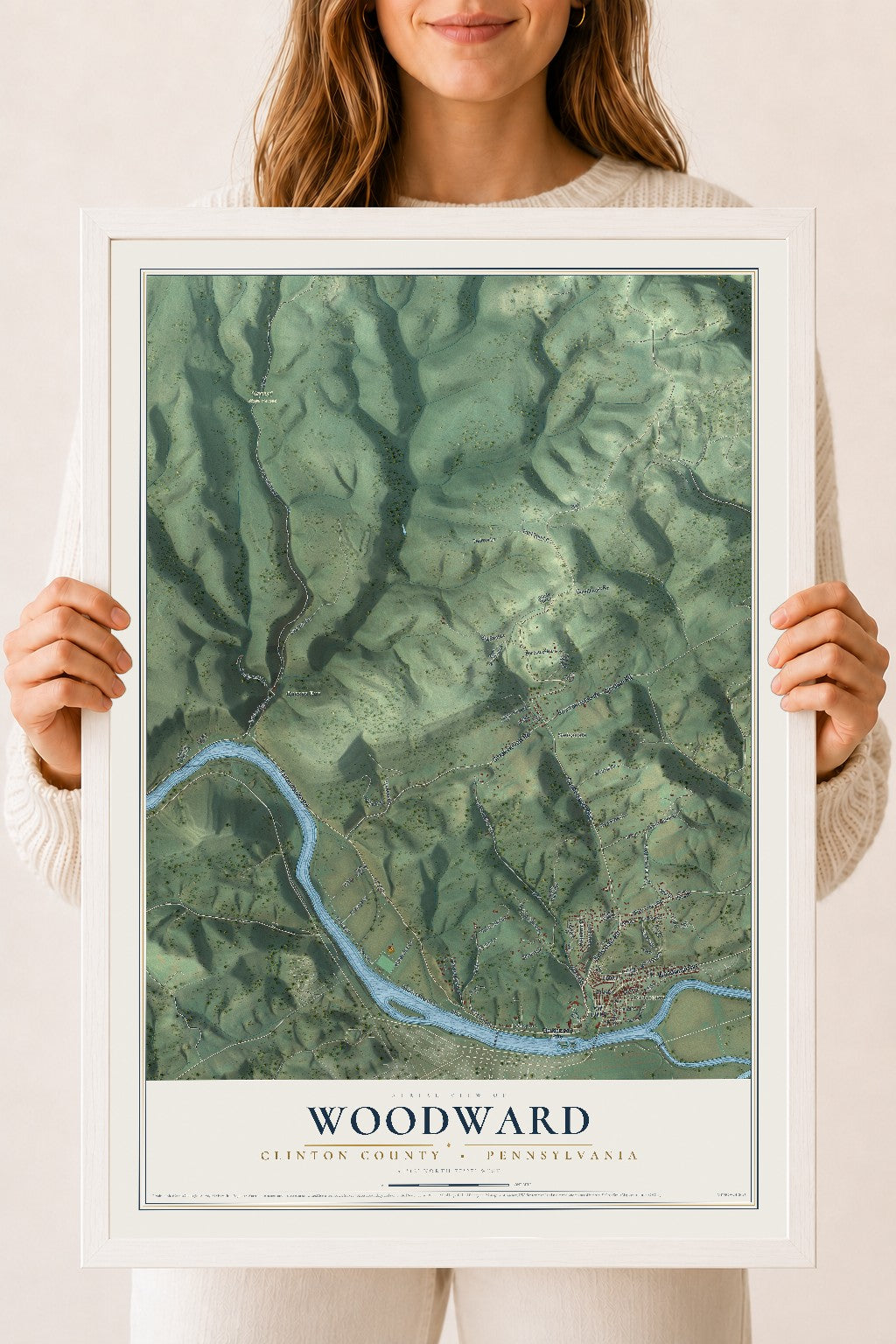 Map of Woodward, Clinton County, Pennsylvania, 18 x 24 inch print in a white wood frame