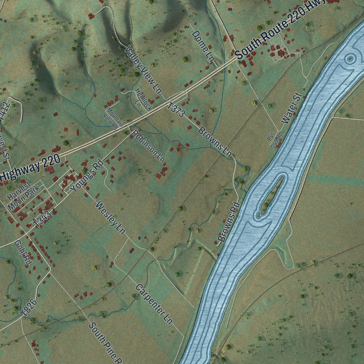 Second close-up of the map of Woodward, Lycoming County, Pennsylvania print showing more streets and buildings