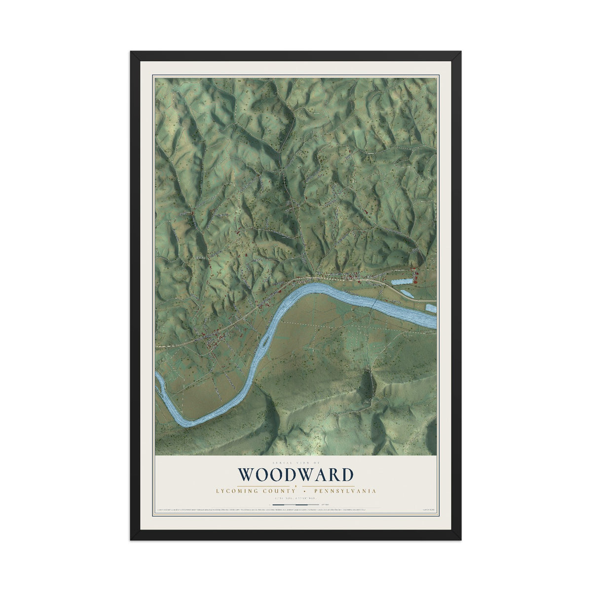 Map of Woodward, Lycoming County, Pennsylvania, 12 x 18 inch print in a black wood frame