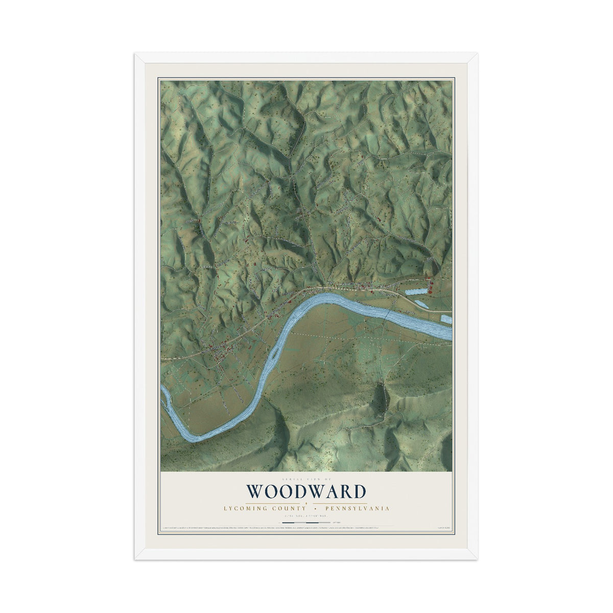 Map of Woodward, Lycoming County, Pennsylvania, 12 x 18 inch print in a white wood frame