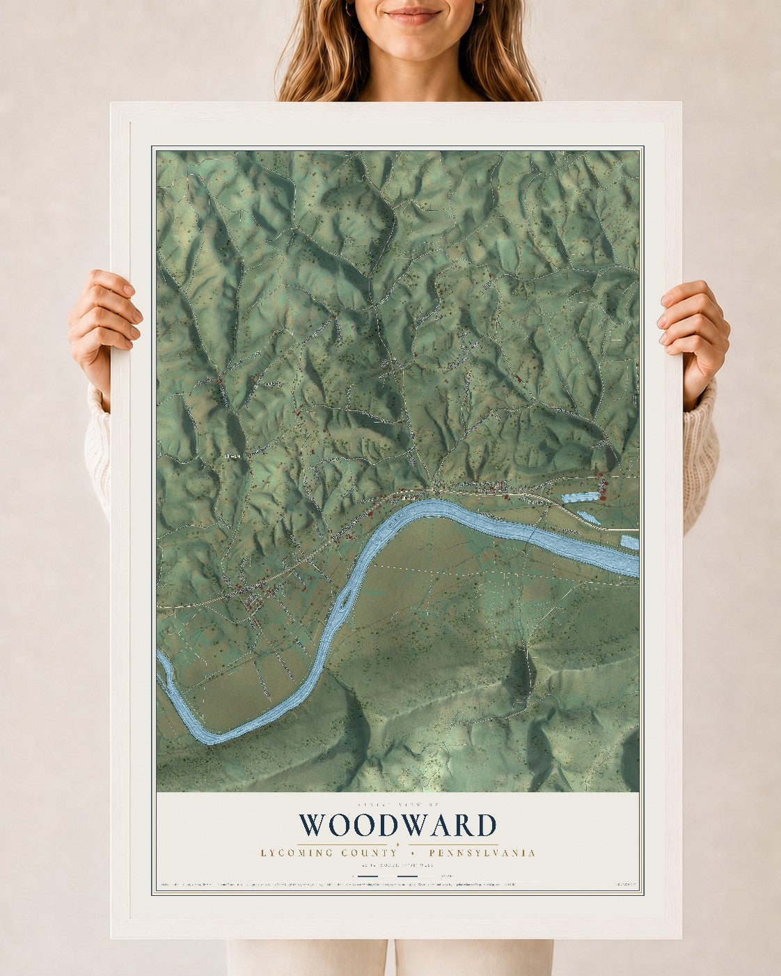 Map of Woodward, Lycoming County, Pennsylvania, 24 x 36 inch print in a white wood frame