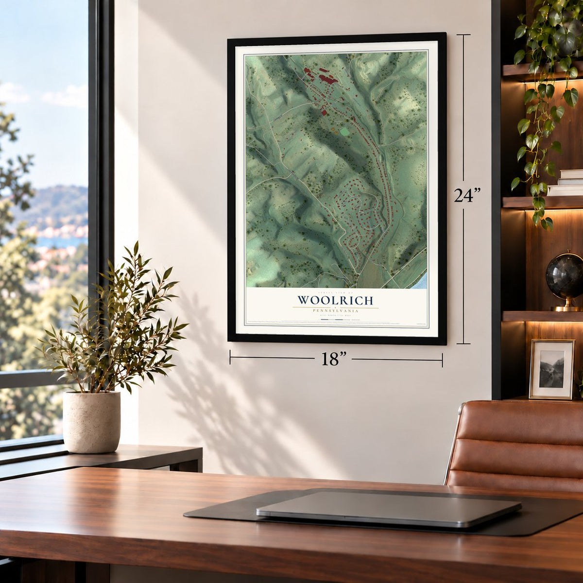Woolrich, Pennsylvania map, 18 x 24 inch print in a black frame in a home office