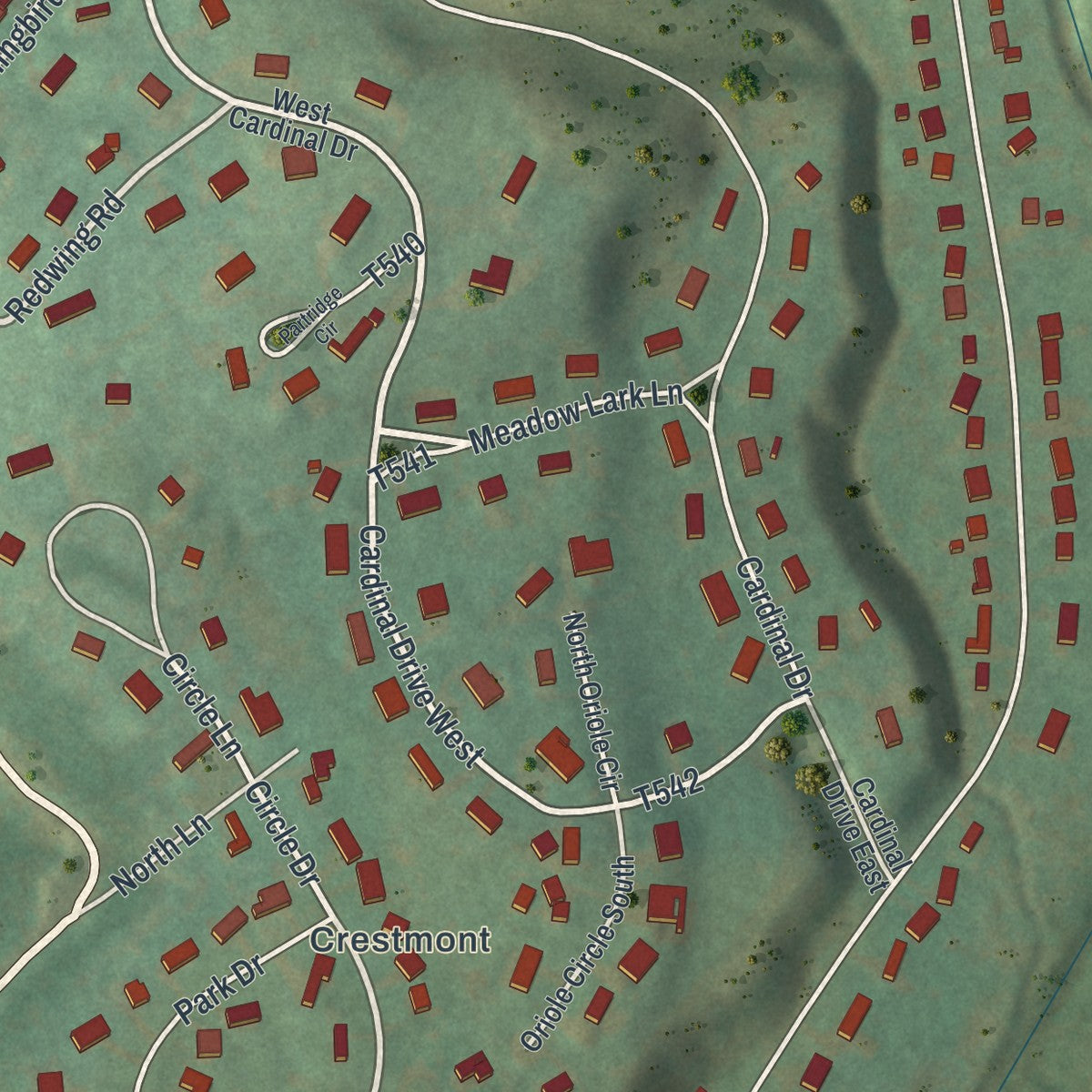 Close-up of the map of Woolrich, Pennsylvania print showing street and building detail