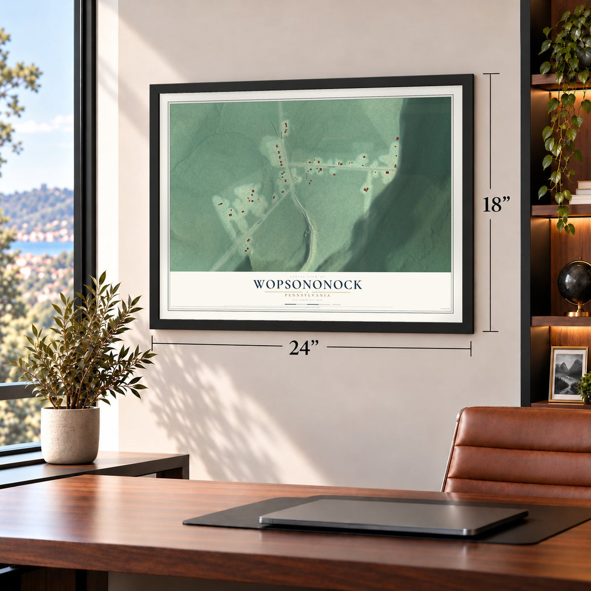 Wopsononock, Pennsylvania map, 18 x 24 inch print in a black frame in a home office