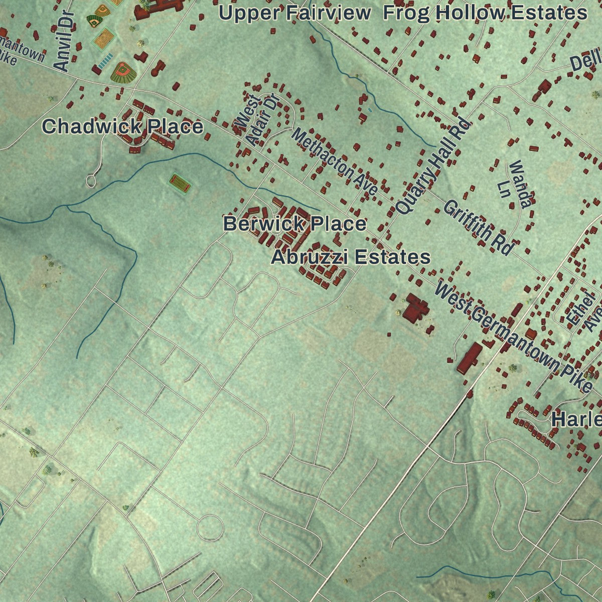 Second close-up of the map of Worcester, Pennsylvania print showing more streets and buildings