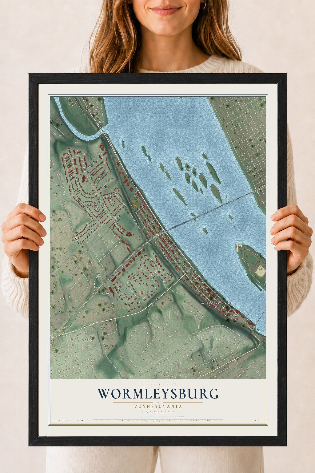 Map of Wormleysburg, Pennsylvania, 18 x 24 inch print in a black wood frame