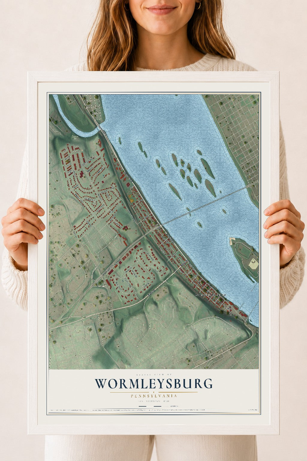 Map of Wormleysburg, Pennsylvania, 18 x 24 inch print in a white wood frame