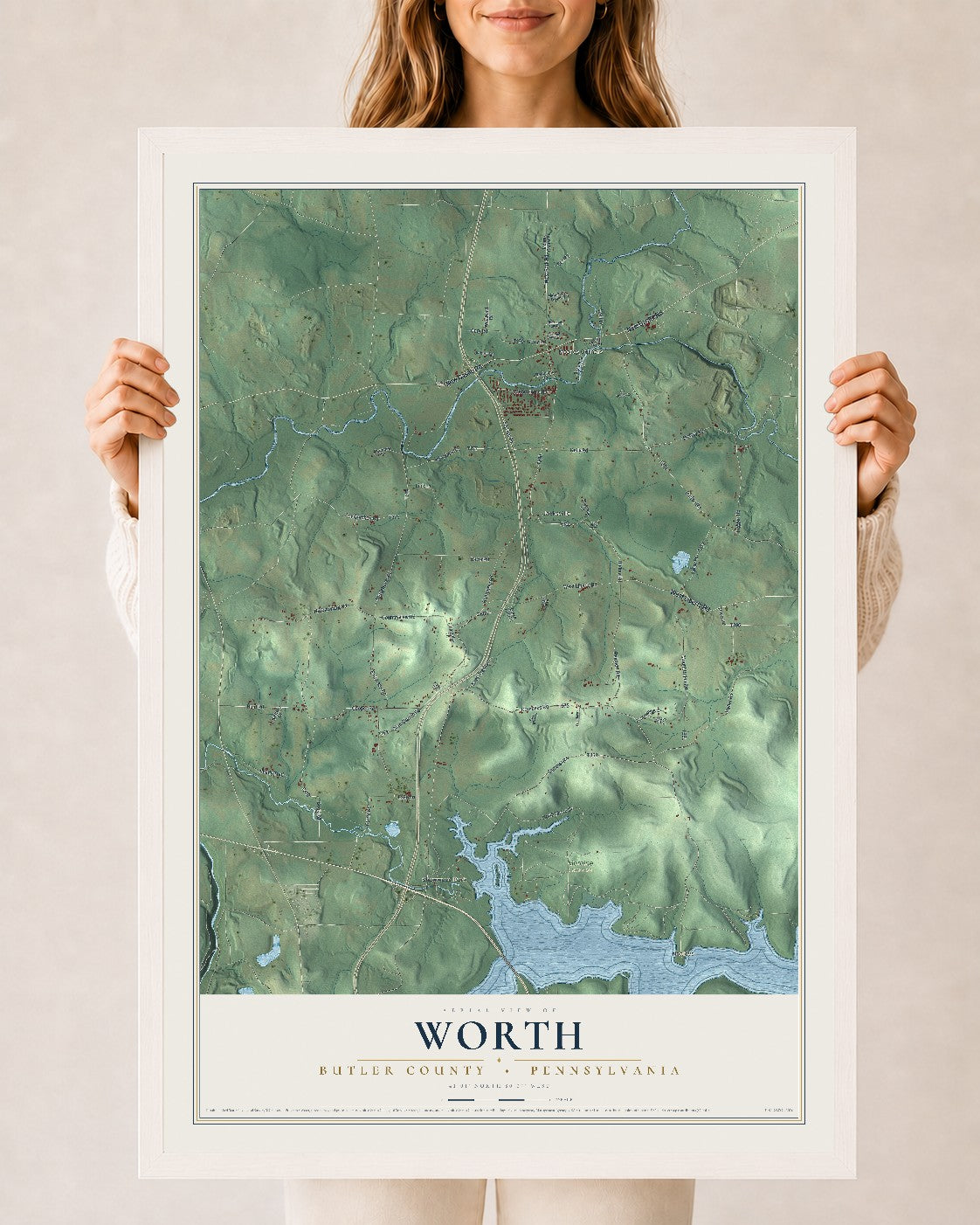 Map of Worth, Butler County, Pennsylvania, 24 x 36 inch print in a white wood frame