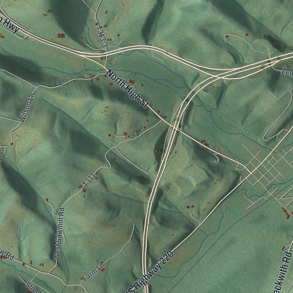 Close-up of the map of Worth, Centre County, Pennsylvania print showing street and building detail