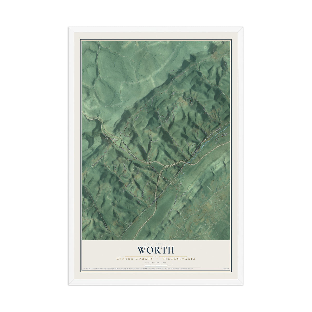Map of Worth, Centre County, Pennsylvania, 12 x 18 inch print in a white wood frame