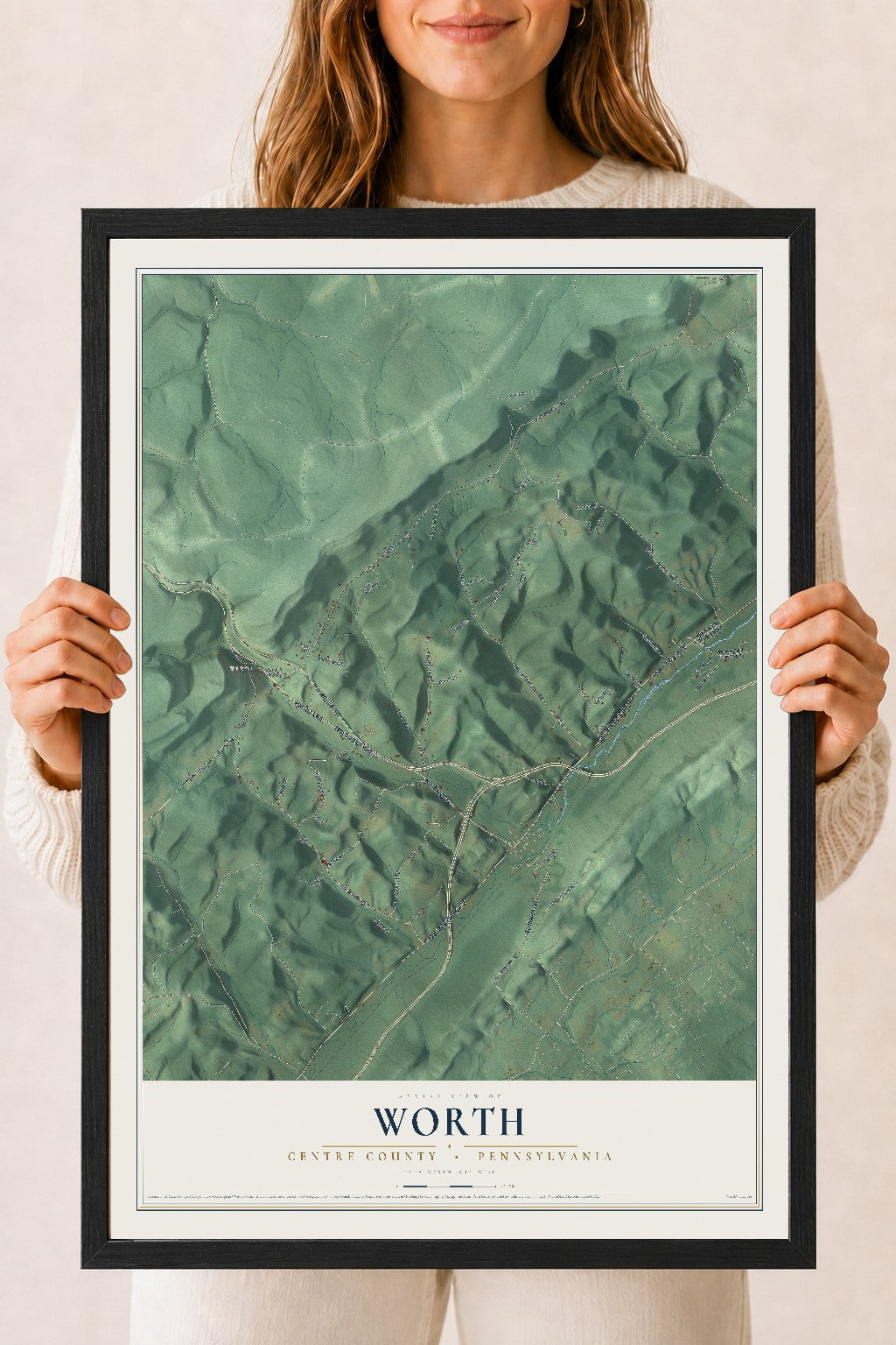 Map of Worth, Centre County, Pennsylvania, 18 x 24 inch print in a black wood frame