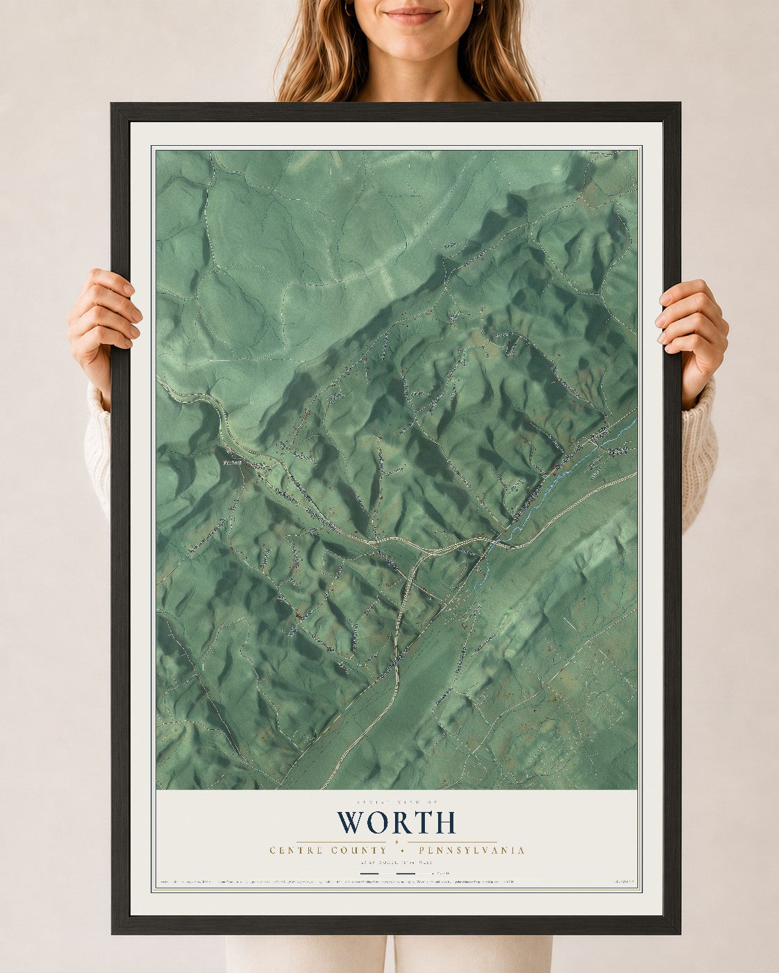 Map of Worth, Centre County, Pennsylvania, 24 x 36 inch print in a black wood frame