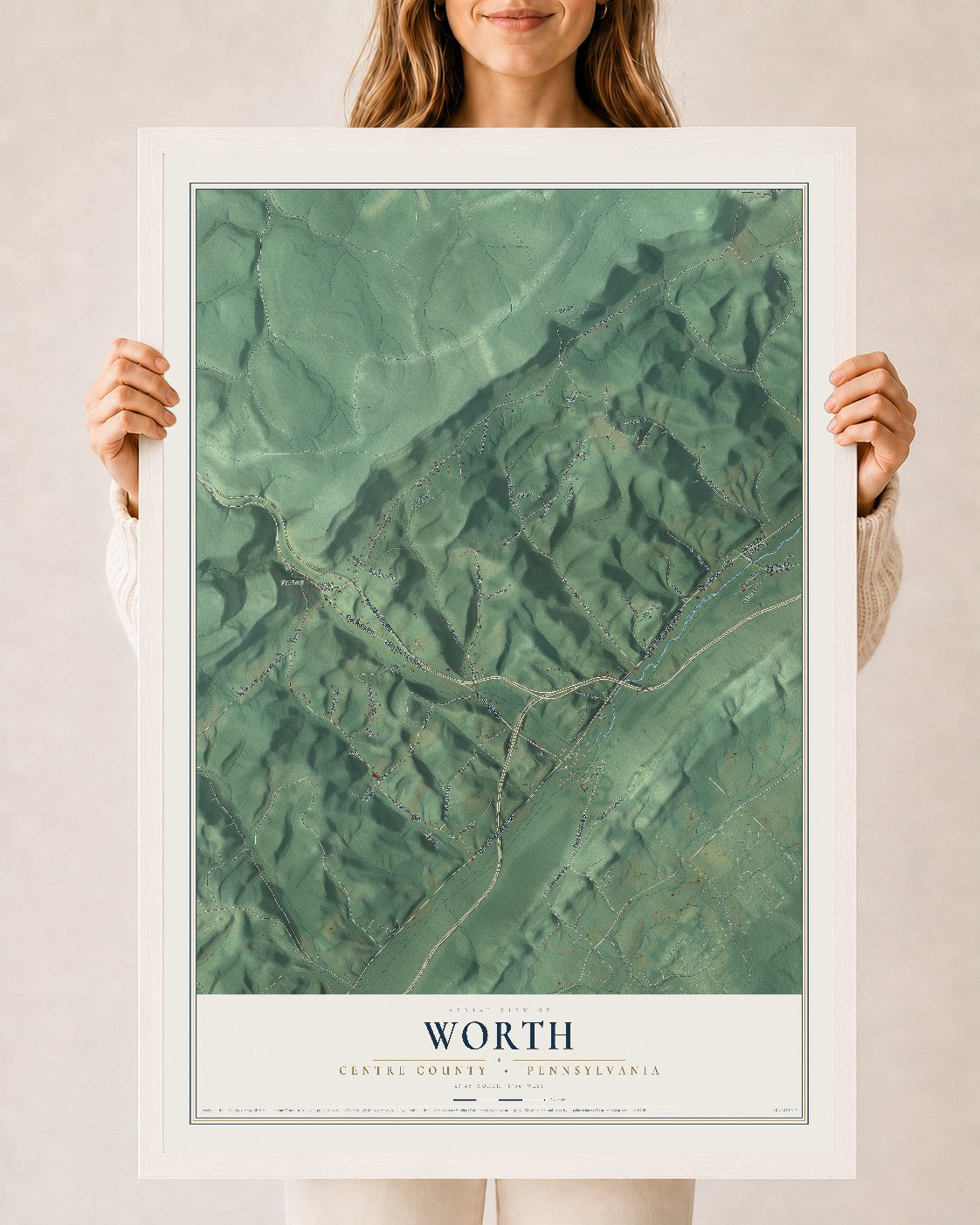 Map of Worth, Centre County, Pennsylvania, 24 x 36 inch print in a white wood frame