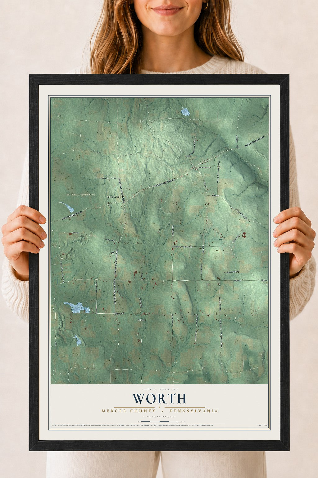 Map of Worth, Mercer County, Pennsylvania, 18 x 24 inch print in a black wood frame