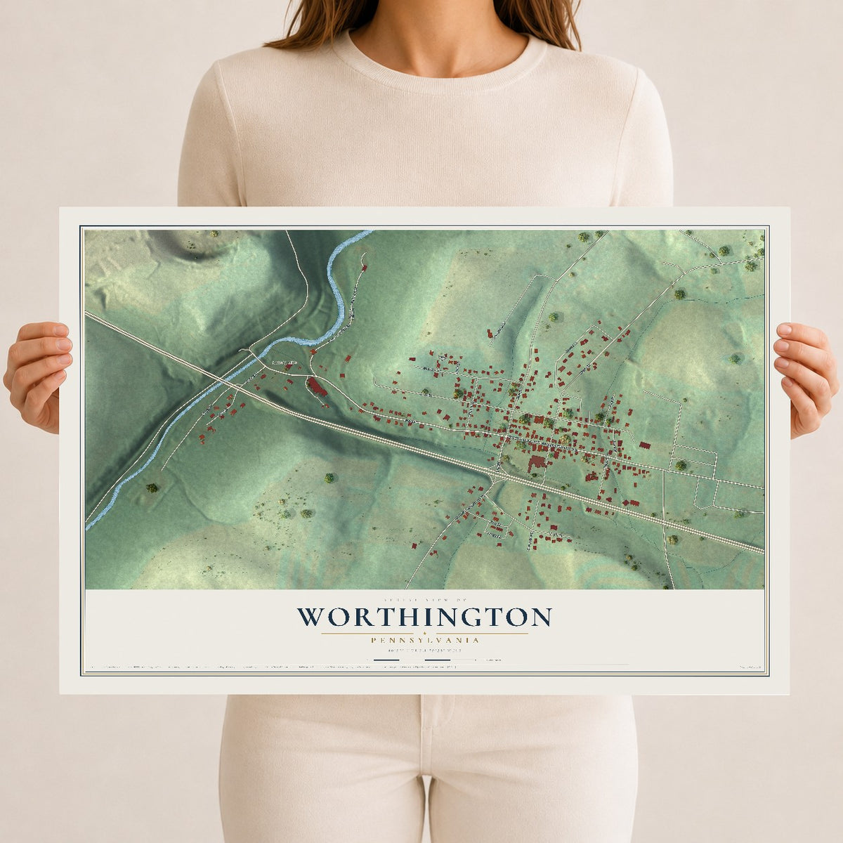 Map of Worthington, Pennsylvania, 12 x 18 inch unframed archival matte print