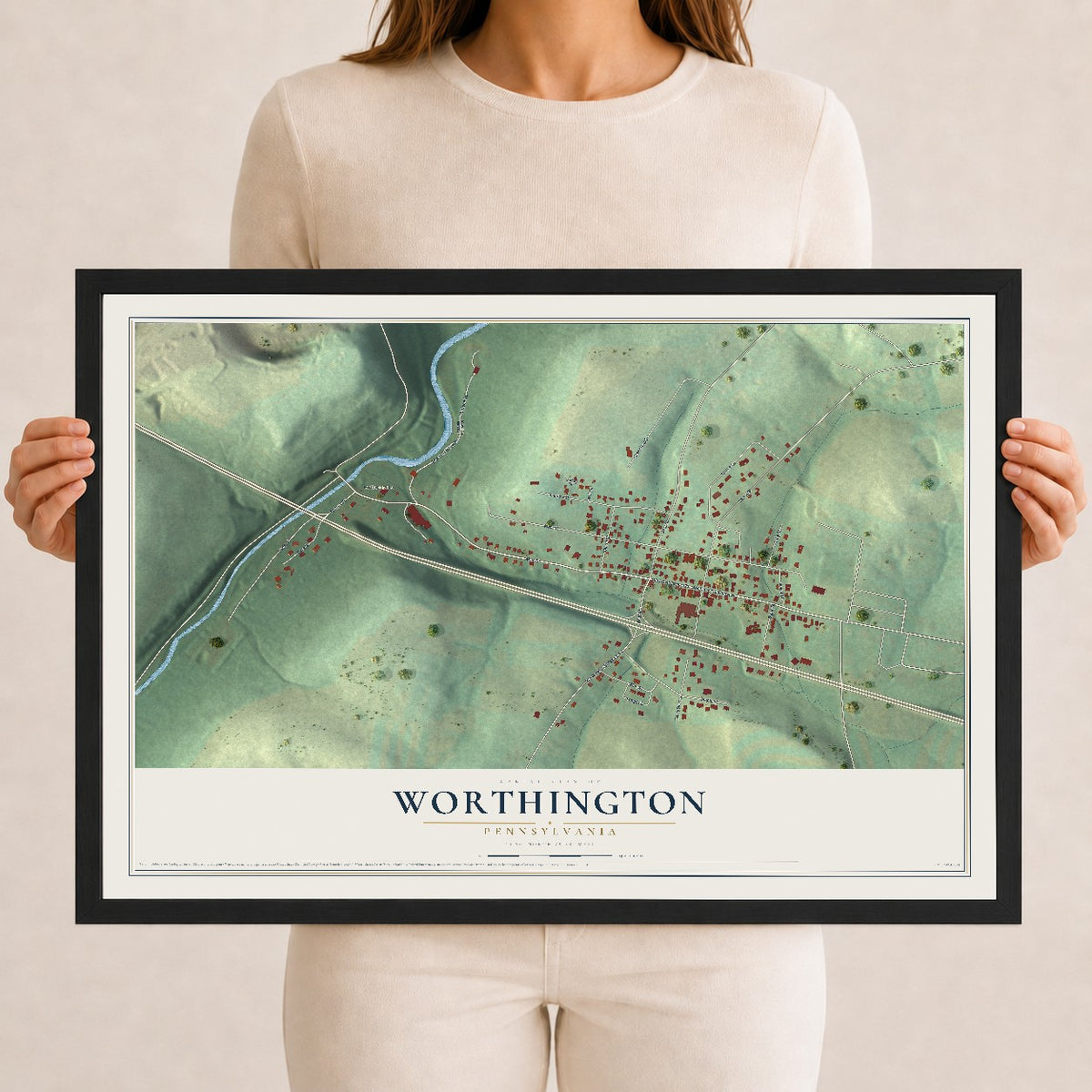 Map of Worthington, Pennsylvania, 12 x 18 inch print in a black wood frame