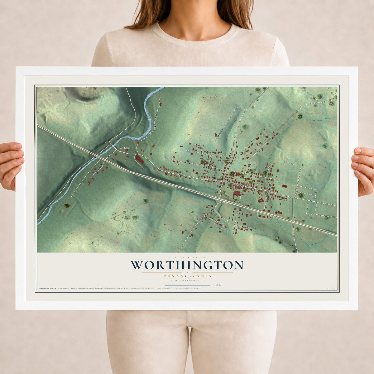 Map of Worthington, Pennsylvania, 18 x 24 inch print in a white wood frame
